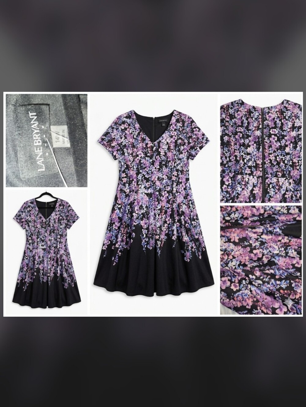 Lane Bryant Black Dress with Purple and Pink Floral Cascade